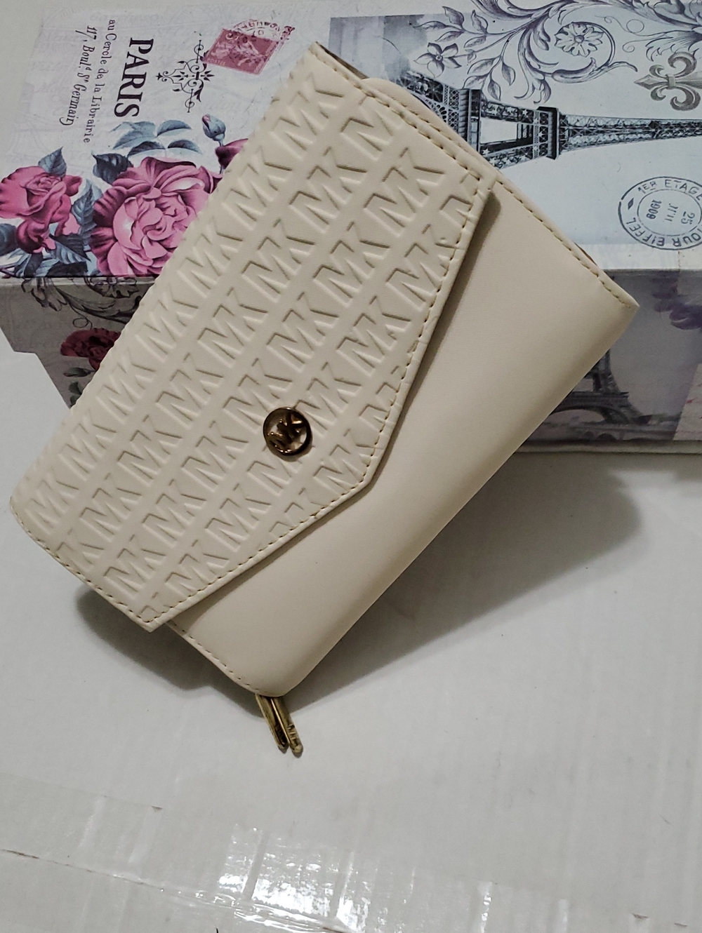 Mary King Cream MK Embossed Flap Multipocket Vegan Leather Wallet